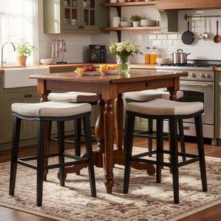 Sunvega Fabric Polyurethane Leather Bar Stools with Rubberwood Legs Dark Brown
