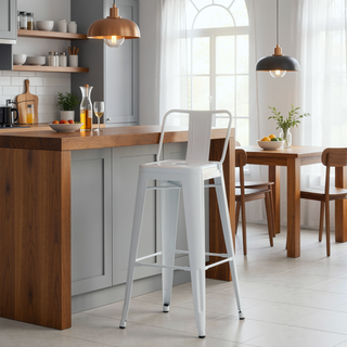 Sunvega White Metal Bar Stools with Curved Back and Foot Rest Set of 2