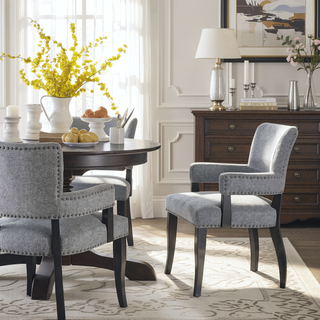Sunvega Dawson Arm Dining Chair with Black Noir Wood Finish and Silver Nail Heads