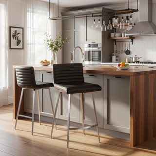 Sunvega Mason Contemporary Swivel Counter Stool with Walnut Wood Back and Tufted Faux Leather Seat