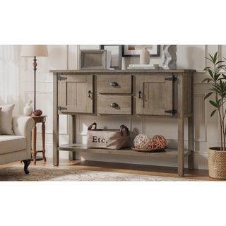 Sunvega Retro Style Solid Pine Wood Sideboard Console Table with 2 Drawers and Cabinets