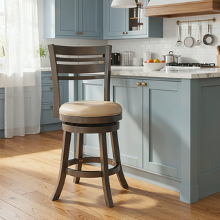 Sunvega Cherry Finish Beige Fabric Slat Back Swivel Stool for Counter Height