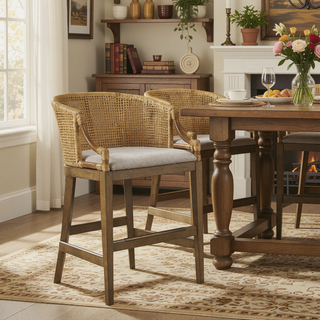 Sunvega Handcrafted Natural Rattan and Linen Upholstery Counter Stool