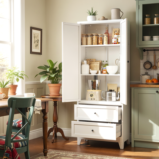Sunvega Modern Kitchen Pantry Cabinet with Glass Doors and Adjustable Shelves for Living Room