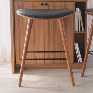 Sunvega Mid-Century Modern Walnut and Black Faux Leather Counter Stool Set of 2