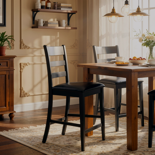 Sunvega Farmhouse Upholstered Rubberwood Counter Stools with Ladder Back Set of 2