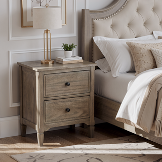 Sunvega Wire Brushed Gray Wooden Nightstand with 2 Drawers and Round Knobs
