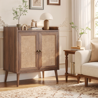 Sunvega Medieval Style Buffet Cabinet with Rattan Doors and Baffle Strip Design