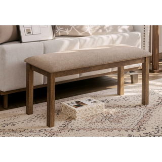 Sunvega 42-inch Rectangular Upholstered Bench in Brown Walnut and Beige Fabric