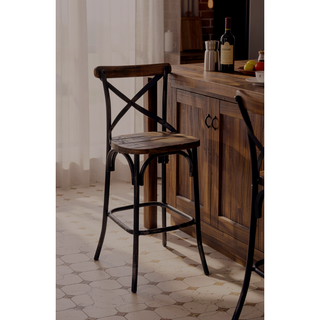Sunvega Antique Oak Finish Armless Bar Chair with High Backrest and Splayed Metal Legs