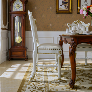 Sunvega Antique Pearl Finish PU Leather Side Chair with Floral Molding Wood Backrest