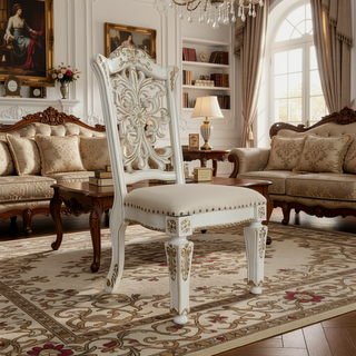 Sunvega Antique Pearl Finish PU Leather Side Chair with Floral Molding Wood Backrest