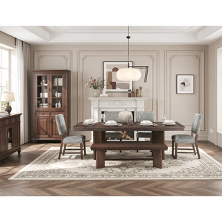 Sunvega Walnut Finish Wood Trestle Bench with V-Angled Pedestals for Dining Room