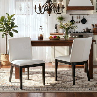 Sunvega Modern Walnut Finish Wood and White Glossy PU Leather Dining Chairs Set of 2