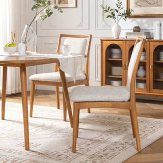 Sunvega Natural Light Brown Wood Dining Chairs with White Pepper Polyester Upholstery Set of 2
