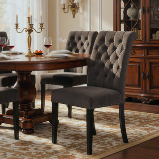 Sunvega Sand and Rustic Espresso Tufted Side Chairs with Rolled Backrest and Padded Seat