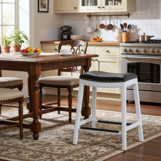 Sunvega Natural Finish Saddle Leather Seat Counter Stool with Footrest and Nail Head Trim