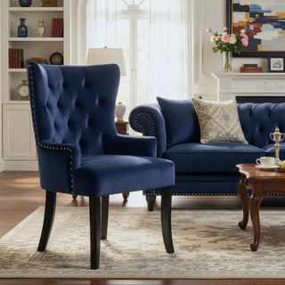 Sunvega Luxury Glam Dining Chair with Dark Navy Velvet Upholstery and Nailhead Trim