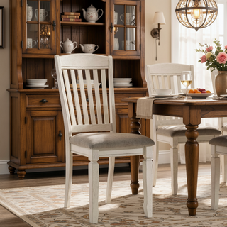 Sunvega Tan and Cream Upholstered Side Chair with Slatted Wood Back and Padded Seat