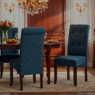 Sunvega Deluxe Tufted Parson Chair Set of 2 in Denim Blue Linen Look Fabric