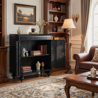 Sunvega Distressed Black Accent Cabinet With Embossed Pattern And Two Doors