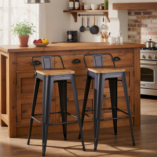 Sunvega Industrial Low Back Barstool Set of 2 in Black Metal and Wood