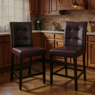 Sunvega Brown Faux Leather Upholstered Cushion Seat Counter Height Chairs Set of 2