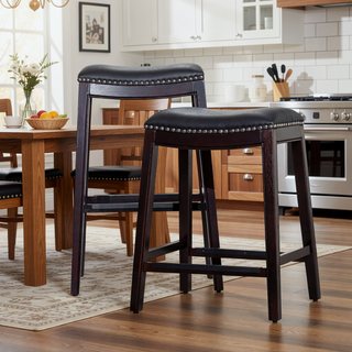 Sunvega Natural Finish Saddle Leather Seat Counter Stool with Footrest and Nail Head Trim