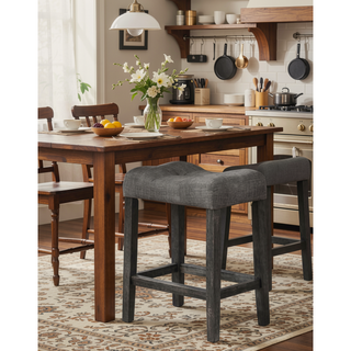 Sunvega Linen Blend Upholstered Side Chair Set of 2 with Oak Finish for Dining Room