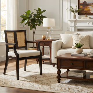 Sunvega Mid-Century Modern Cane Back Arm Dining Chairs with Upholstered Seat Set of 2