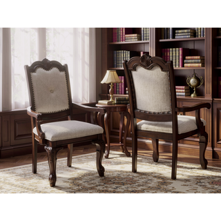 Sunvega Traditional Style Arm Chairs with Luxurious Beige Upholstery and Rich Coffee Brown Finish