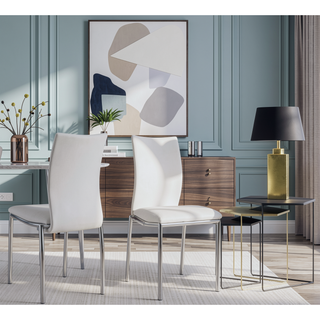 Sunvega Modern Contemporary White Faux Leatherette Dining Chairs with Chrome Legs, Set of 4