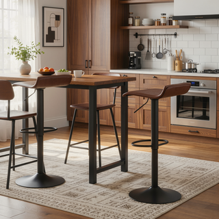 Sunvega Adjustable Antique Metal Industrial Bar Stool with Brown Faux Leather Seat