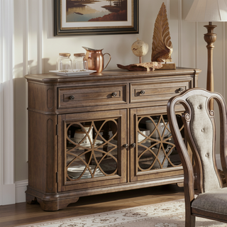 Sunvega Contemporary Silver Finish Server Cabinet with 2 Drawers and Glass Doors