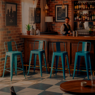 Sunvega Teal Blue Metal Counter Height Stool Set of 4 with Curved Back and Foot Rest
