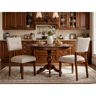 Sunvega Mid-Century Modern Brown Wood Finish Curved Button Tufted Dining Chairs