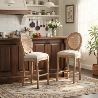 Sunvega French Style Solid Wood Frame Linen Fabric Oval Back Dining Chairs Set of 2