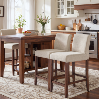 Sunvega Dorian Beige Fabric Counter Chair Set of 2 with Teak Wood Frame