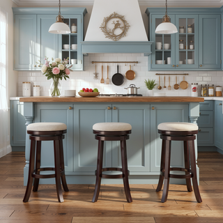 Sunvega 30 Inch Bar Stool with Beige Fabric Seat and Cherry Finish