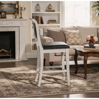 Sunvega Antique White Finish Black Leather Seat Farmhouse Counter Stool