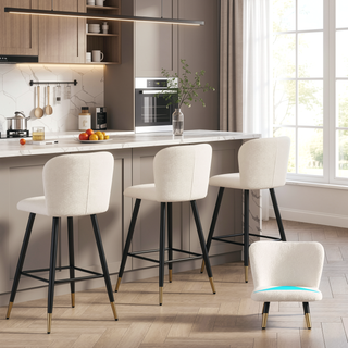 Sunvega Modern Barstool with White Fabric Seat and Black Gold-Tipped Metal Legs