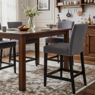 Sunvega Gray Velvet Counter Stools with Nailhead Trim and Floor Protectors Set of 2