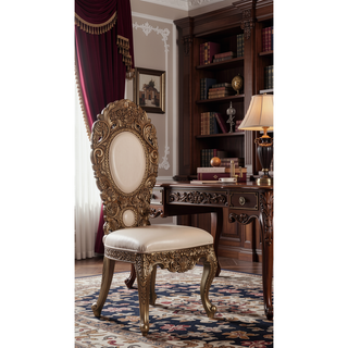 Sunvega Ivory and Gold Sculpture Floral Upholstery Side Chairs with Tufted Back
