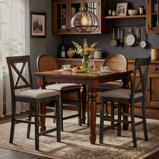 Sunvega Tan Linen Upholstered Counter Height Stools with Cross Back Design (Set of 2)