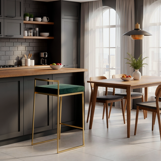 Sunvega Gold Metal Frame Green Velvet Cushion Stackable Counter Stool Set of 3