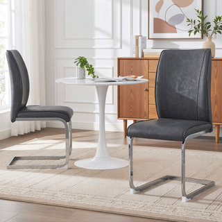Sunvega PU Dining Chairs with Arched Metal Silver Legs and Crazy Horse Texture in Dark Gray