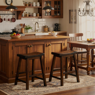 Sunvega Black Finish Bar Height Solid Wood Saddle Seat Stools Set of 2