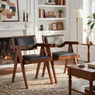 Sunvega Mid-Century Modern Dining Chair Set of 2 with Black Vegan Leather Upholstery