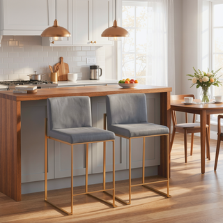 Sunvega Contemporary High Back Counter Stool with Padded Seat in Gold Steel and Grey Faux Leather