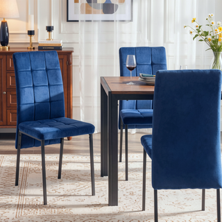 Sunvega Dark Blue Velvet High Back Nordic Dining Chair with Golden Legs Set Of 4